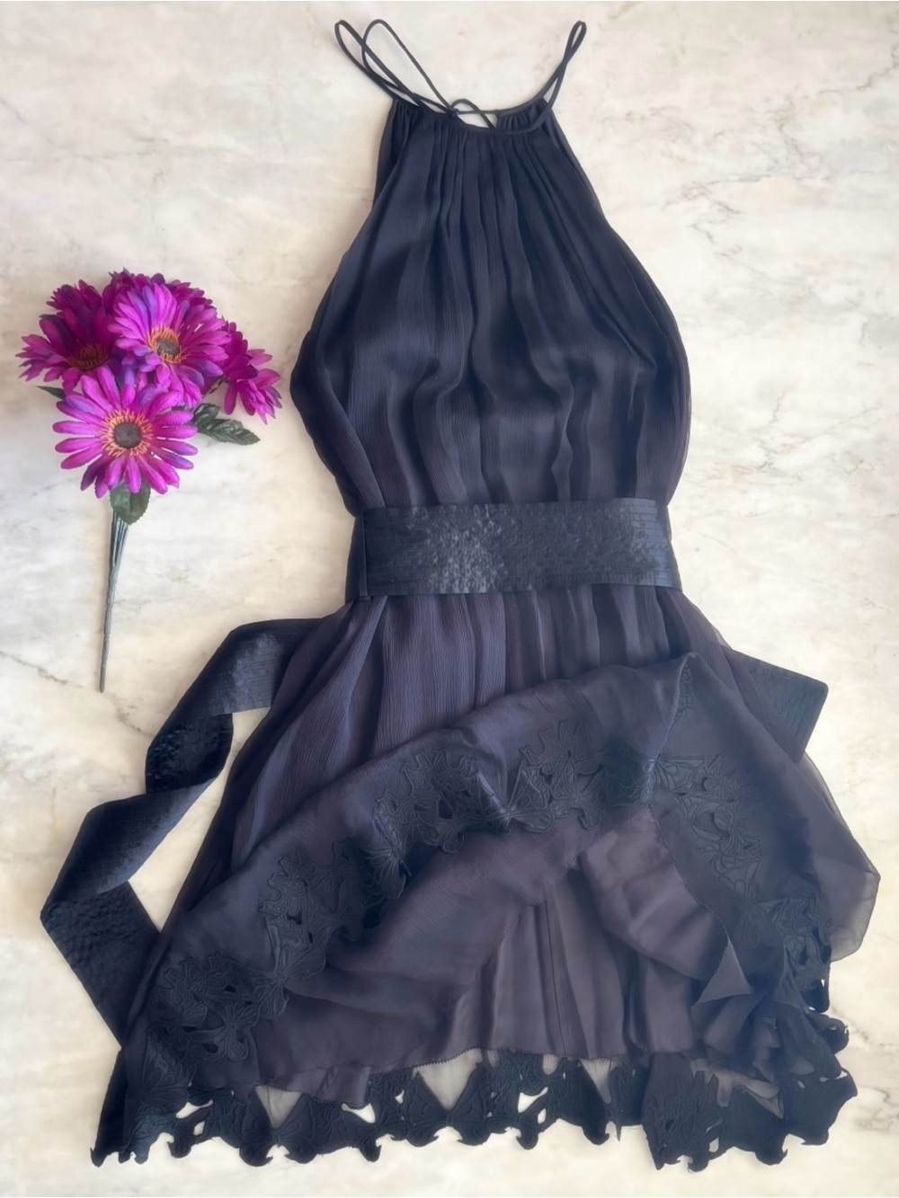 Catherine Malandrino Black Silk Halter Mini Dress with Silk Appliqué Trim & Sash